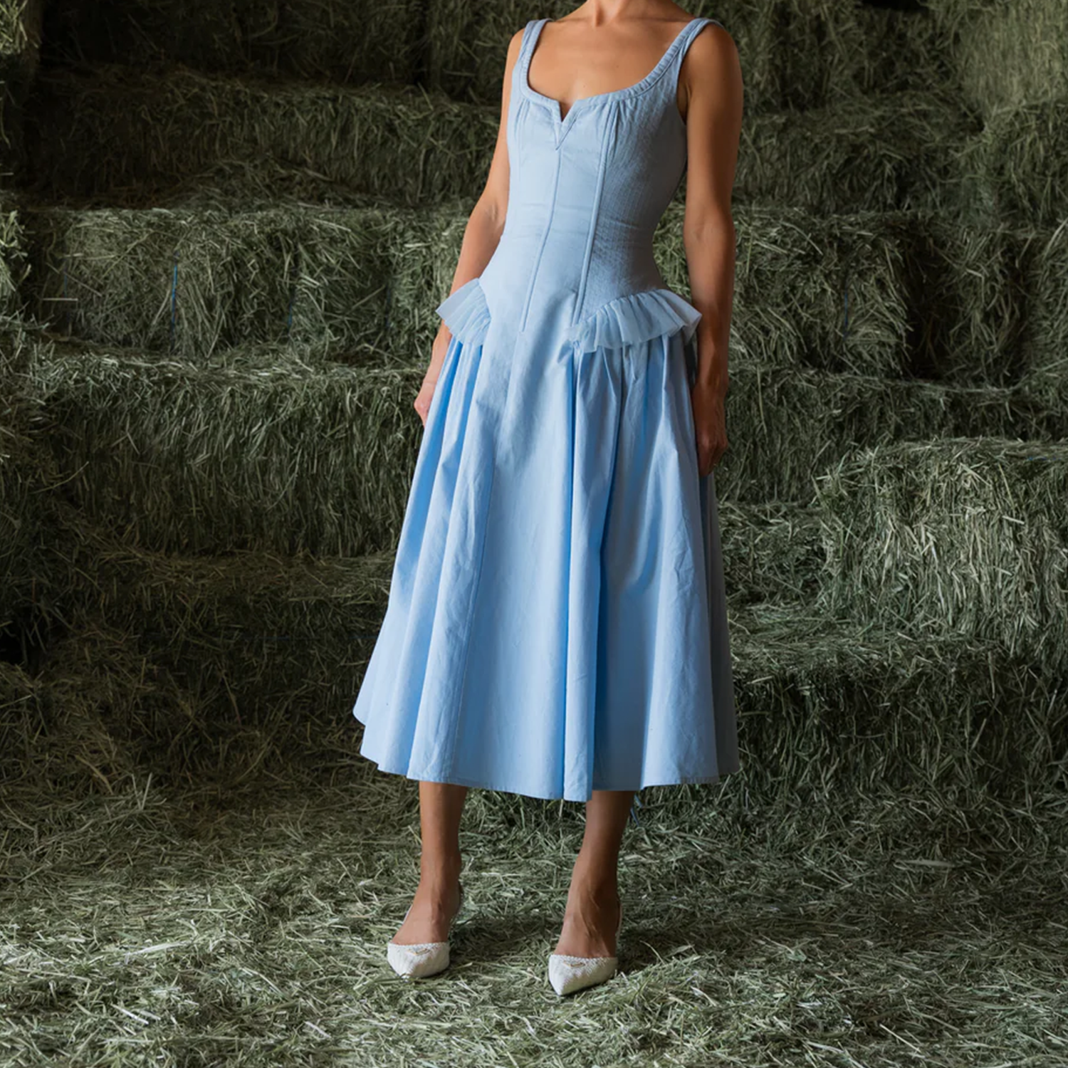 Sweetheart Neck Wide Strap Ruffle Midi Swing Dress