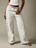 White Side Stud Embellished Wide Leg Jeans