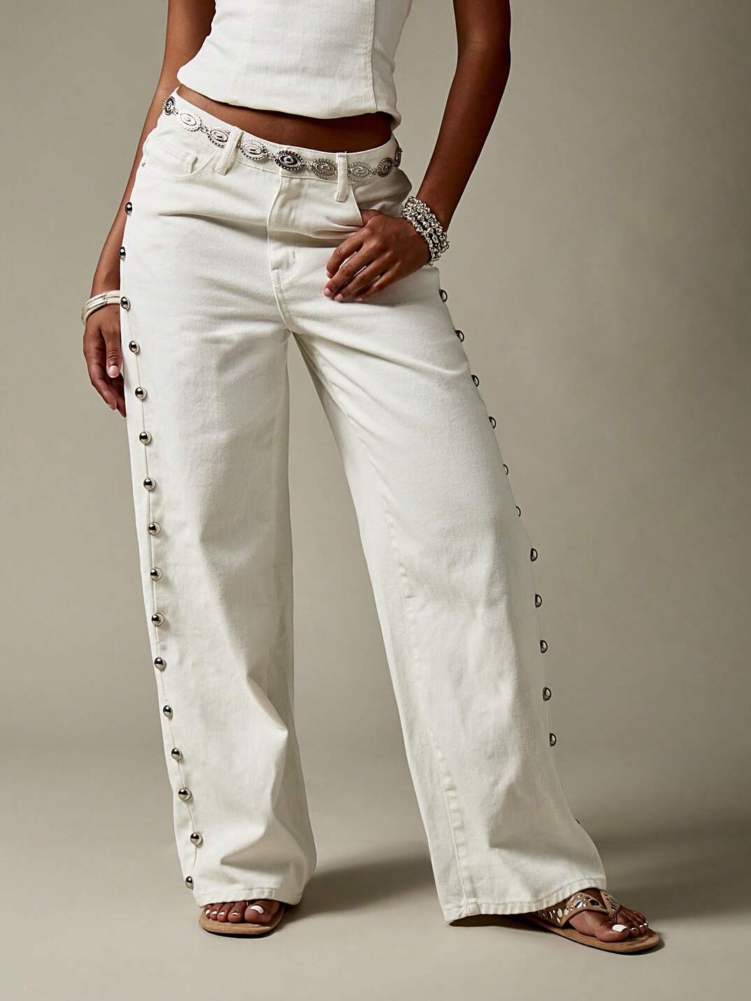 White Side Stud Embellished Wide Leg Jeans