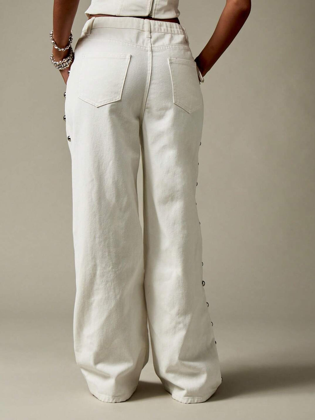 White Side Stud Embellished Wide Leg Jeans