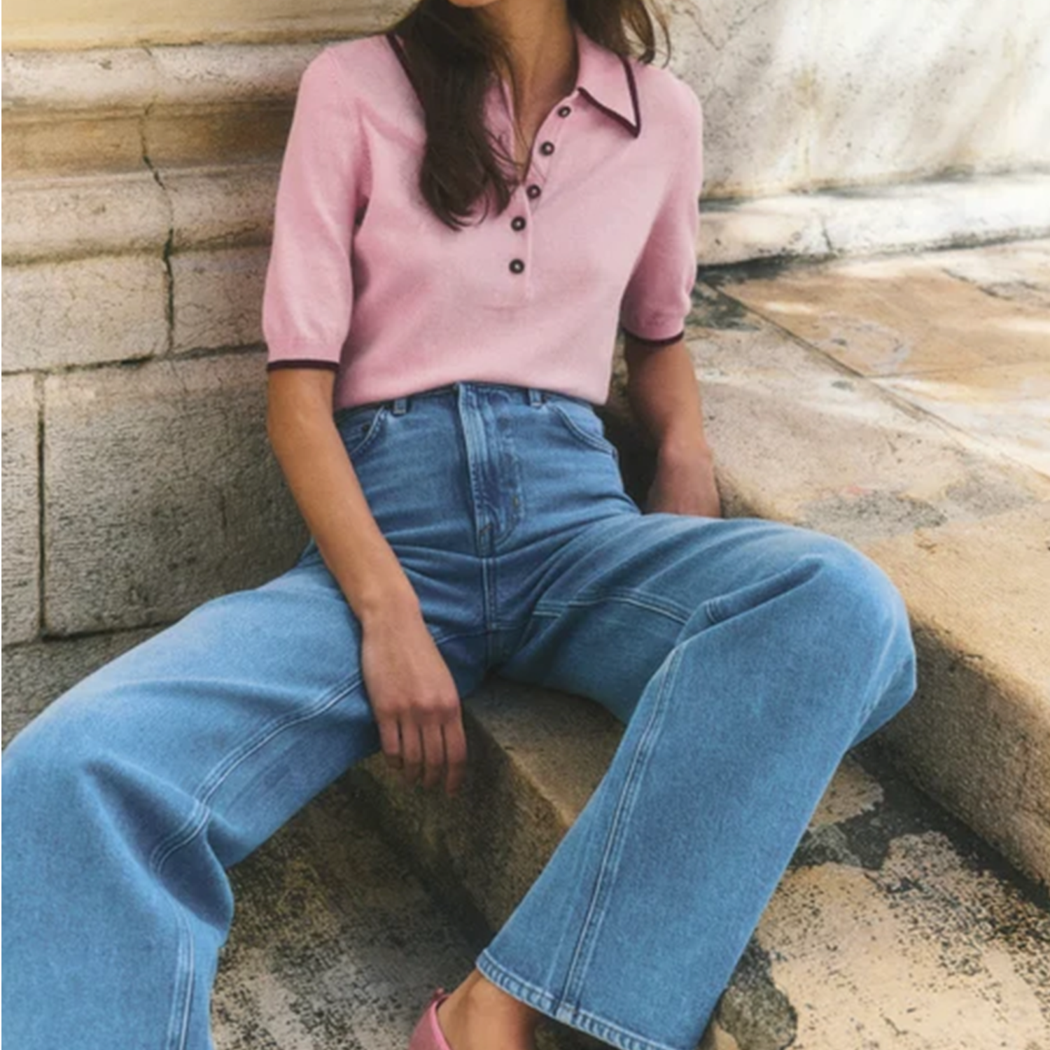 Contrast Trim Collared Knit Short Sleeve Top