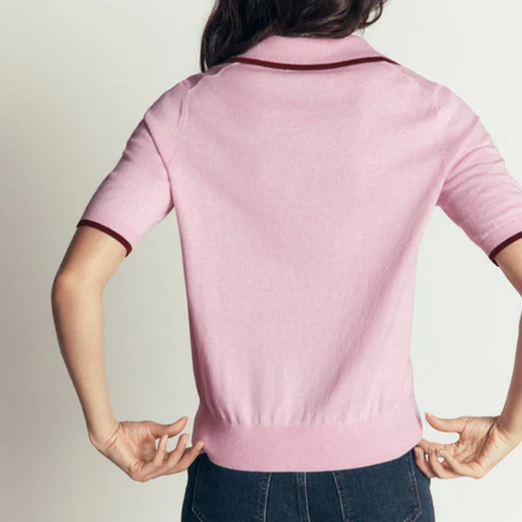 Contrast Trim Collared Knit Short Sleeve Top