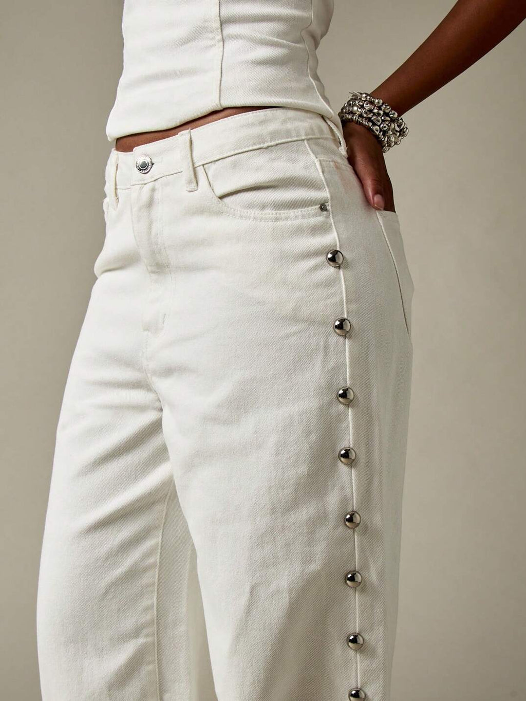White Side Stud Embellished Wide Leg Jeans