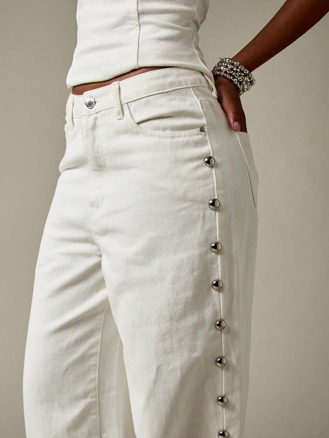 White Side Stud Embellished Wide Leg Jeans
