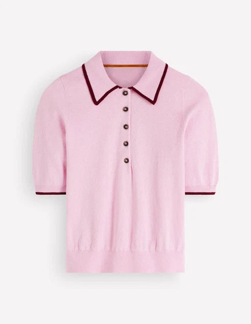 Contrast Trim Collared Knit Short Sleeve Top