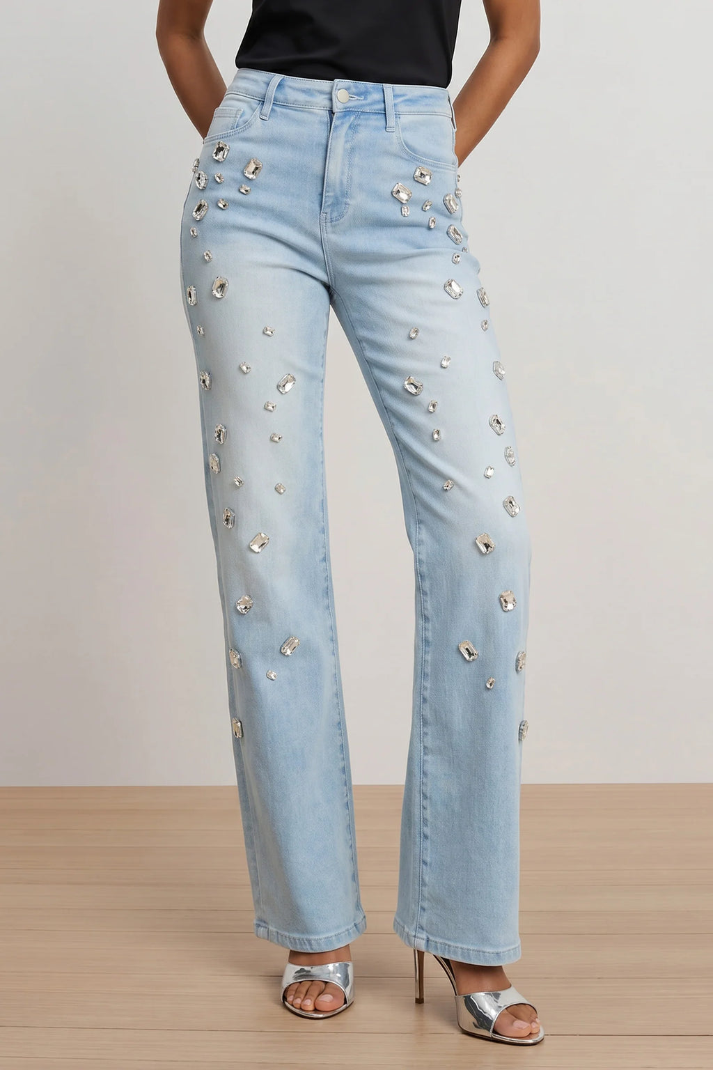 Light Blue Rhinestone Decor Flared Jeans