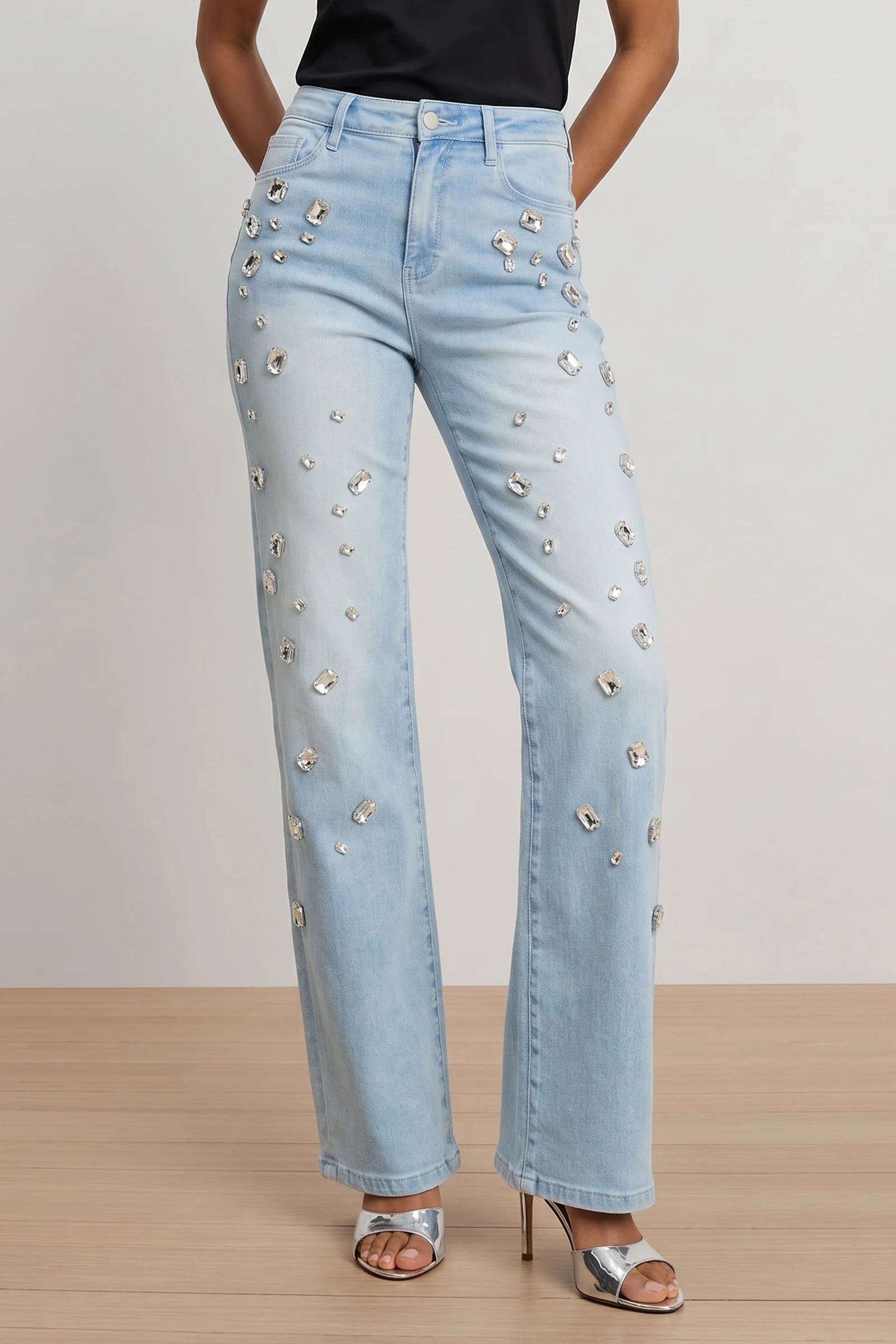 Light Blue Rhinestone Decor Flared Jeans