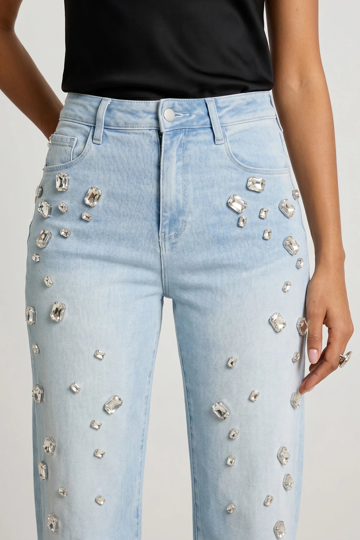 Light Blue Rhinestone Decor Flared Jeans