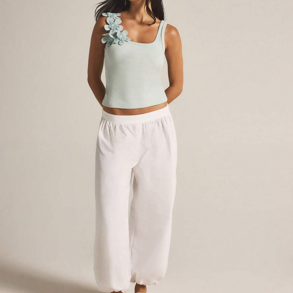 Floral Applique Square Neck Ribbed Crop Tank Top