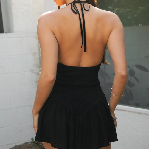 Crinkle Gauze Halter V-Neck Backless Mini Dress